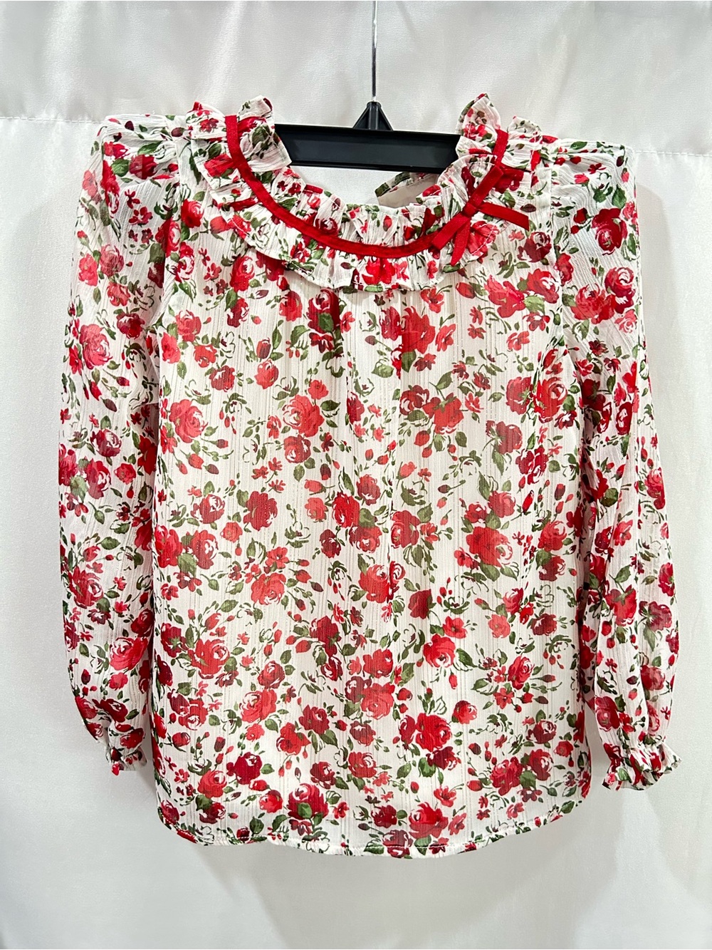 Janie and Jack White Blouse with Red Floral Print and Ruffle Collar